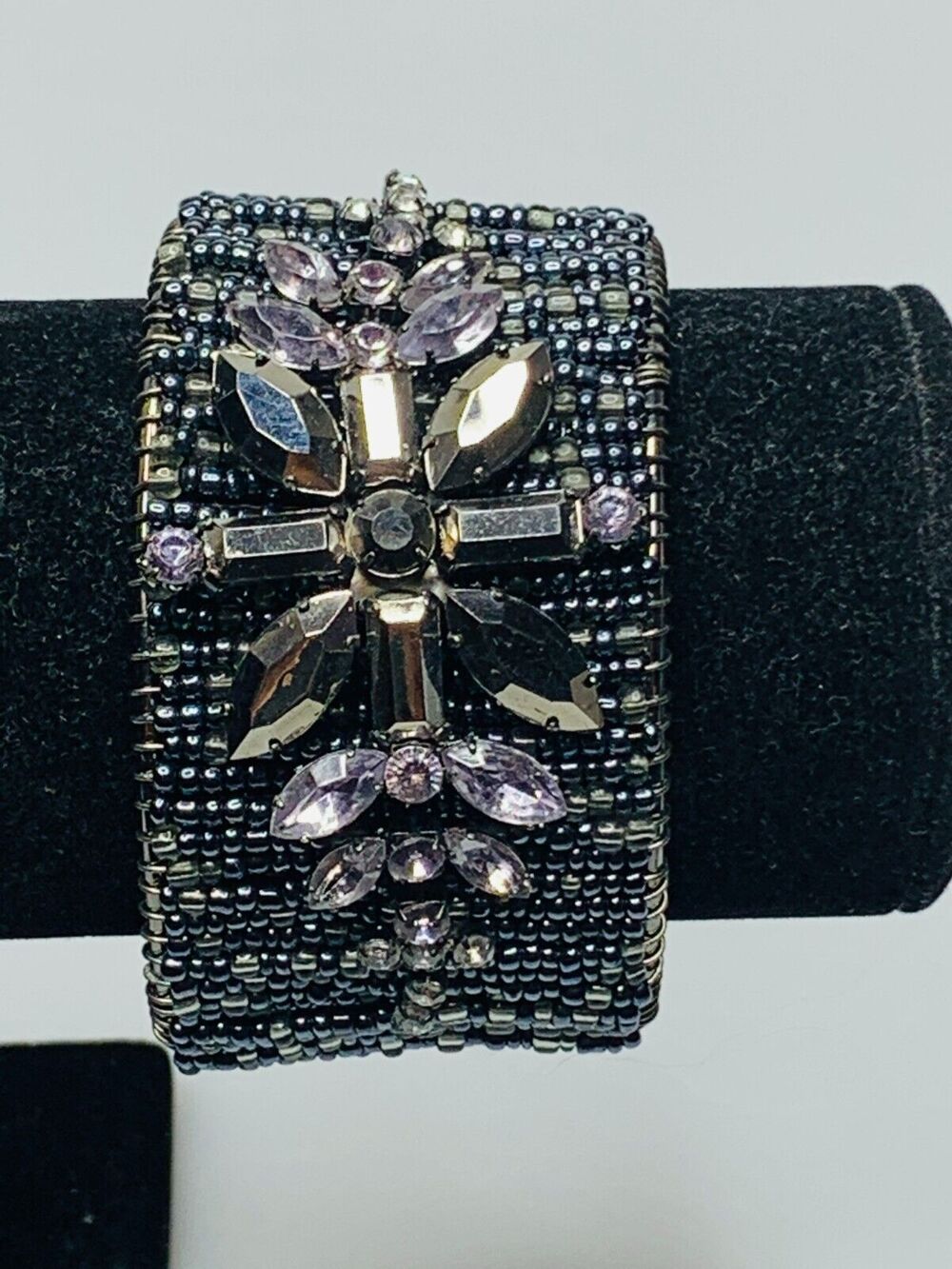 New Cookie Lee Hematite Tone Beaded Open Cuff Bracelet